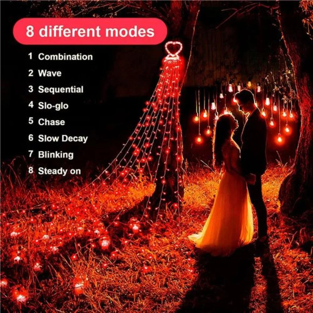 Out/Indoor Valentines Day Decor Lights,300 LED 8 Modes 29V Plug in Window Lights